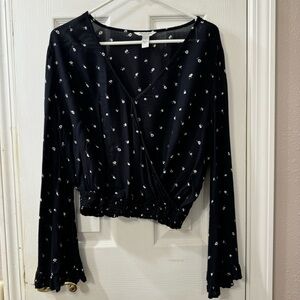 💜 3/$15 Arizona long sleeves, floral bouse, large, Navy Blue